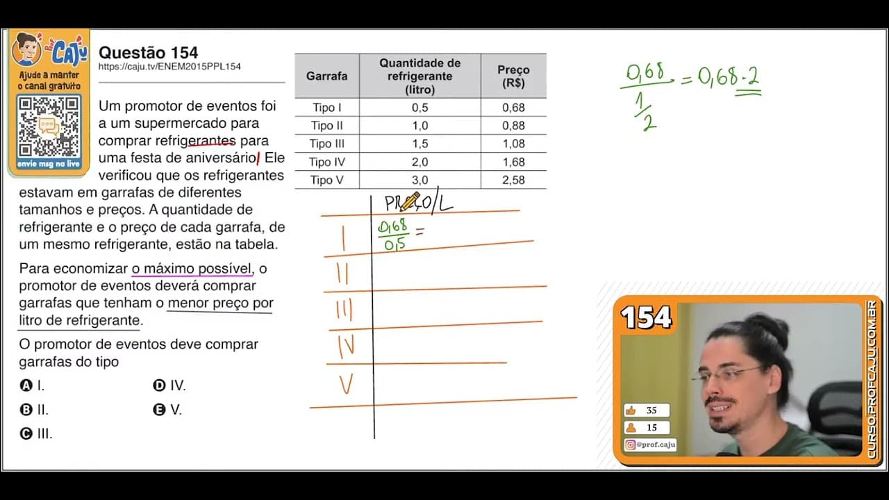 Thumbnail: [ENEM 2015 PPL] 154 📘 --- Um promotor de eventos foi a um supermercado para comprar refrigerantes