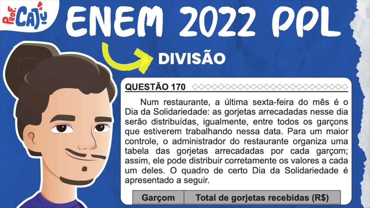Thumbnail: [ENEM 2022 PPL] 170 📘 DIVISÃO Num restaurante, a última sexta-feira do mês é o Dia da Solidariedade: