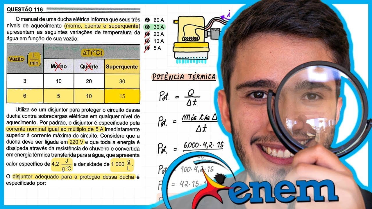 Thumbnail: ENEM 2022 - O manual de uma ducha elétrica informa que seus três níveis de aquecimento (morno, quent