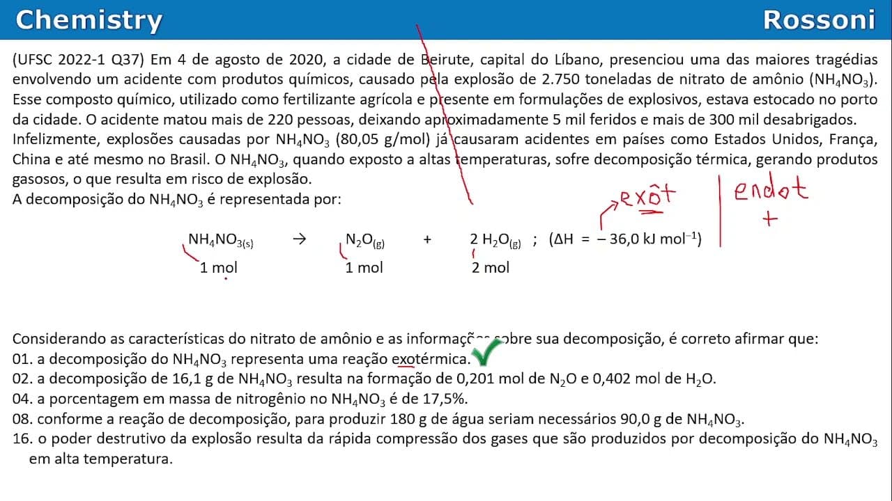 Thumbnail: UFSC 2022 verão - Questão 37 - Estequiometria e explosão em Beirute