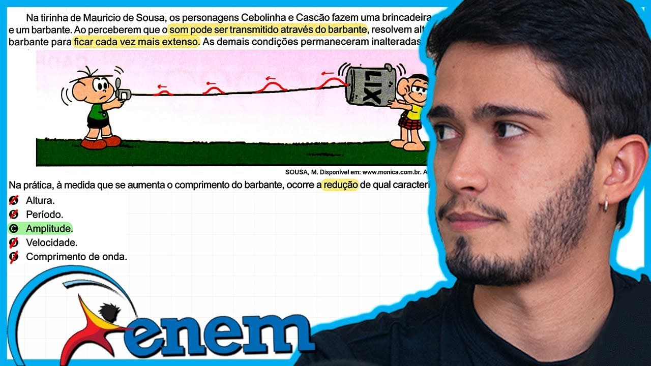 Thumbnail: ENEM 2023 - Na tirinha de Mauricio de Sousa, os personagens Cebolinha e Cascão fazem uma brincadeira