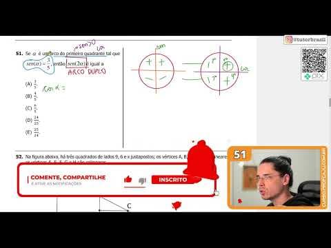 Thumbnail da aula: [UFRGS 2022] 51 - Se 𝑎 é um arco do primeiro quadrante tal que sen(𝑎) = ³⁄₅ , então sen(2𝑎) é igual