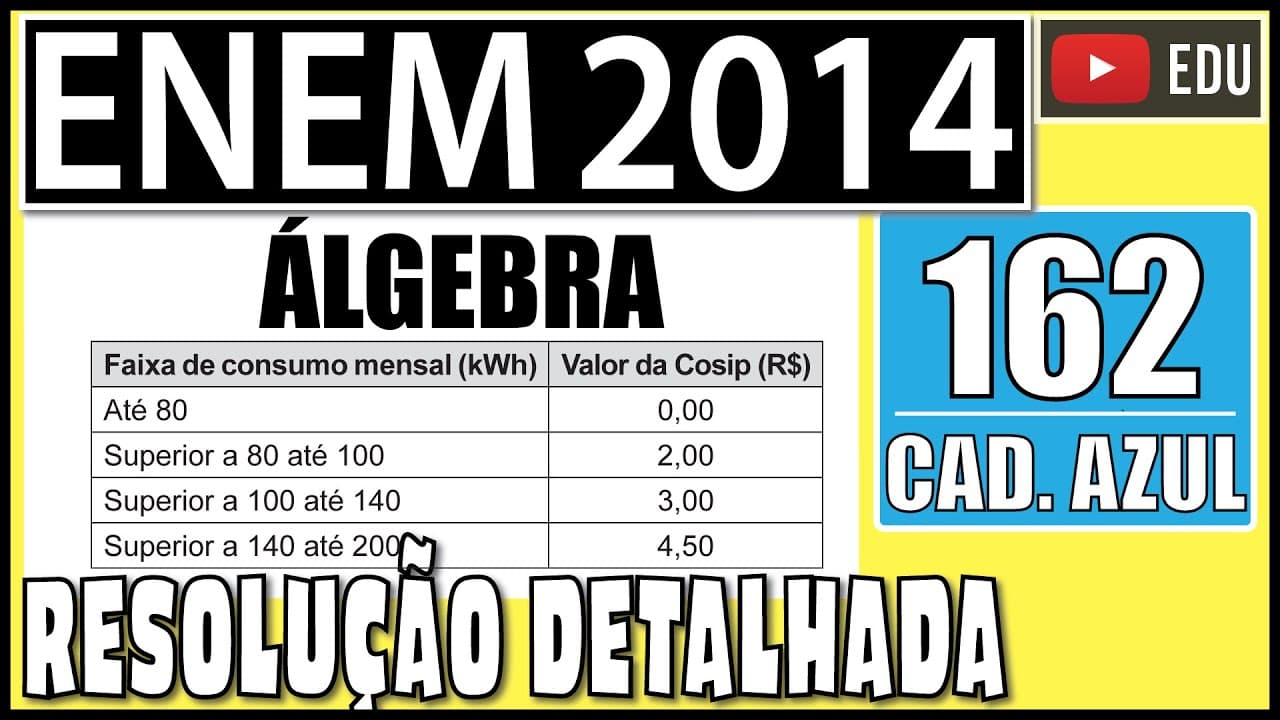 Thumbnail: [ENEM 2014] 162 📘 ÁLGEBRA Em uma cidade, o valor total da conta de energia elétrica é obtido pelo