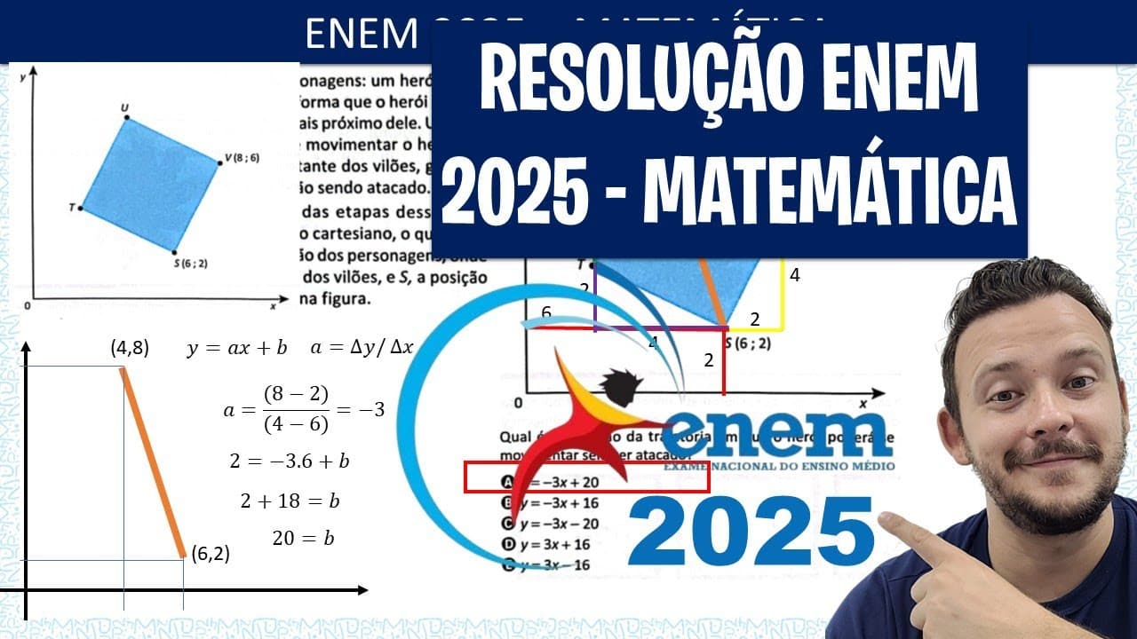 Thumbnail: ENEM 2025 MATEMÁTICA - Em um jogo digital, há três personagens: um herói e dois vilões. A programaçã