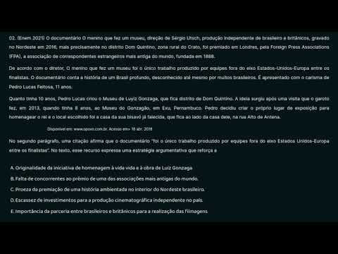Thumbnail da aula: 02. (Enem 2021) O documentário O menino que fez um museu, direção de Sérgio Utsch