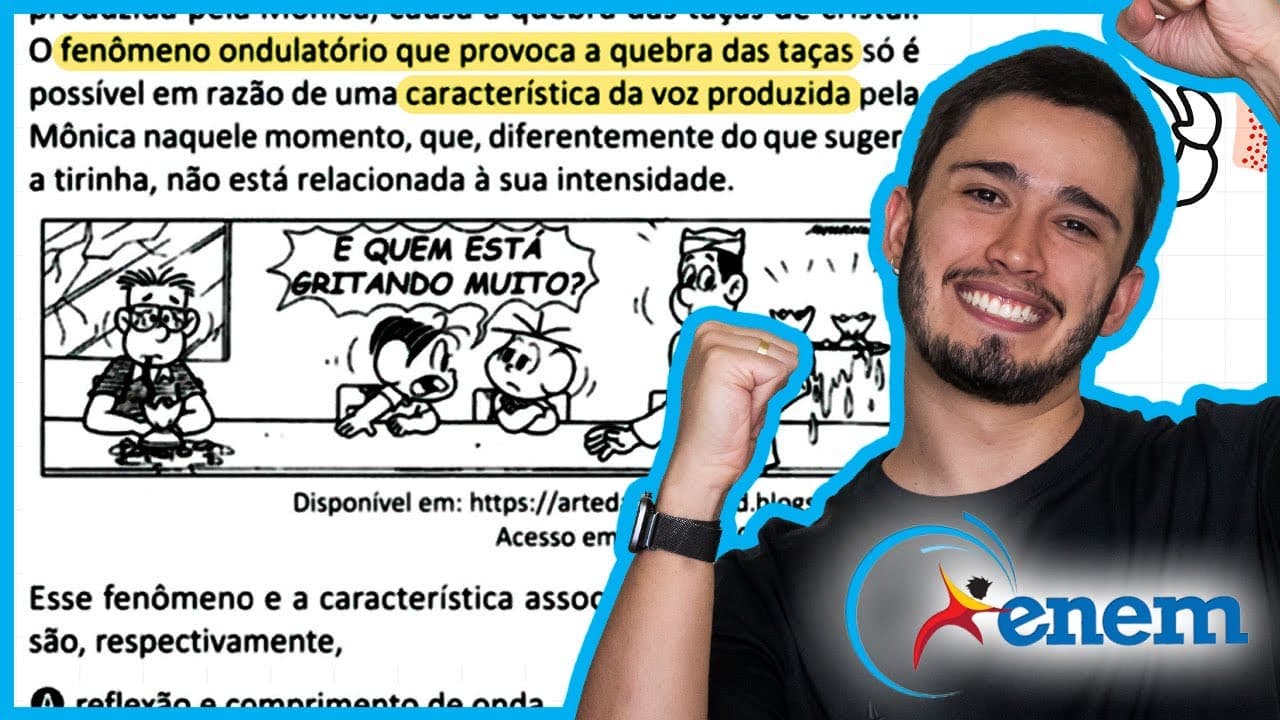 Thumbnail: ENEM 2025 - A tirinha ilustra um processo físico em que uma onda sonora, produzida pela Mônica, caus