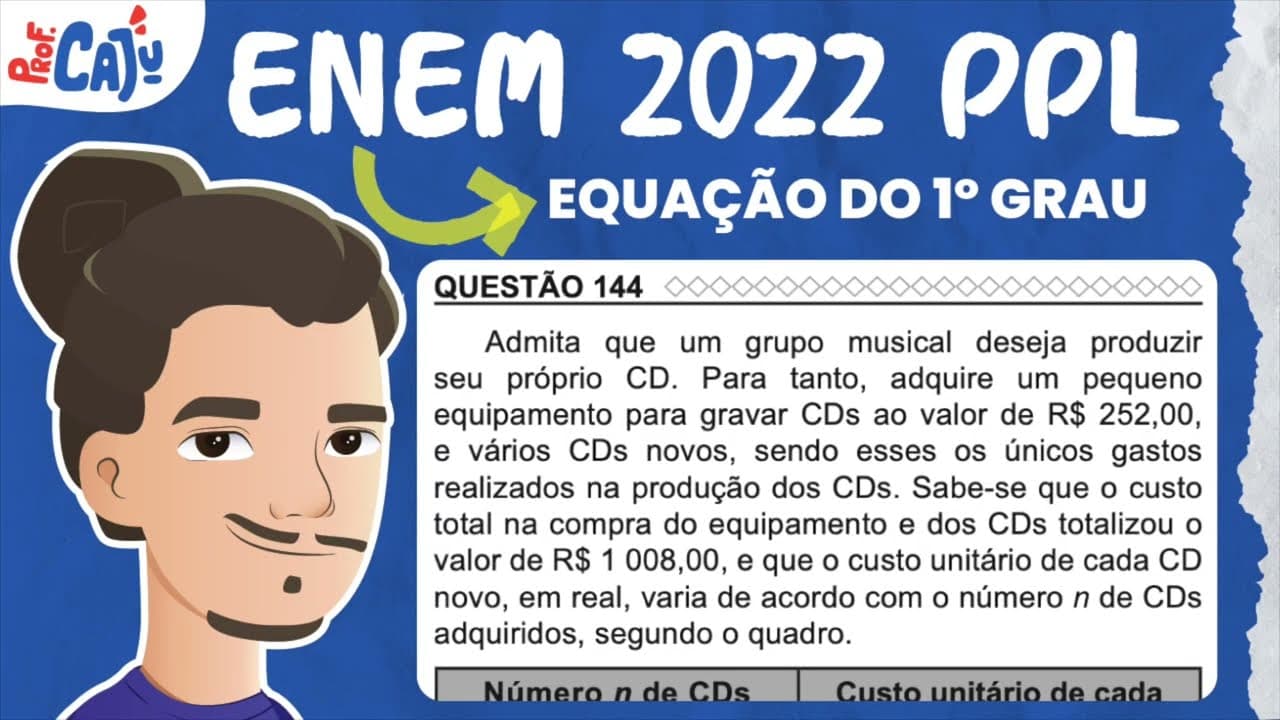 Thumbnail: [ENEM 2022 PPL] 144 📘 EQUAÇÃO DO 1º GRAU Admita que um grupo musical deseja produzir seu próprio CD