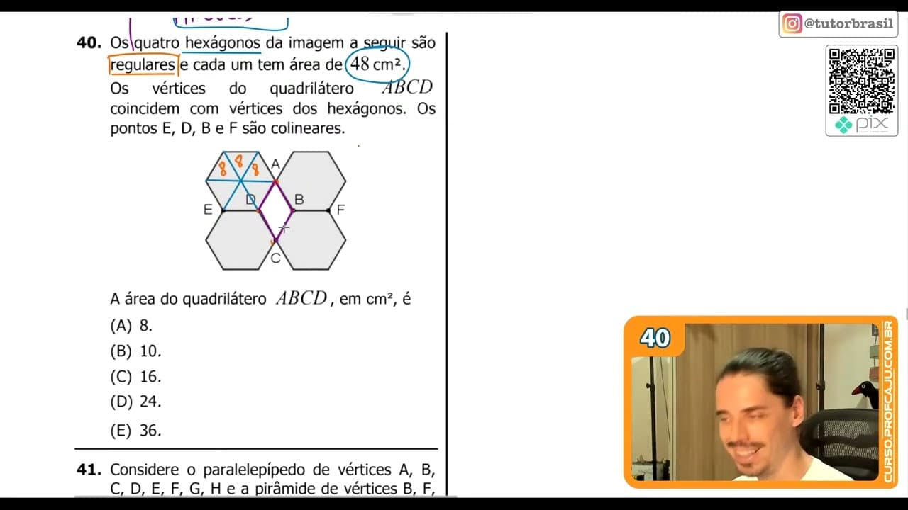 Thumbnail: [UFRGS 2019] 40 - Os quatro hexágonos da imagem a seguir são regulares e cada um tem área de 48 cm².