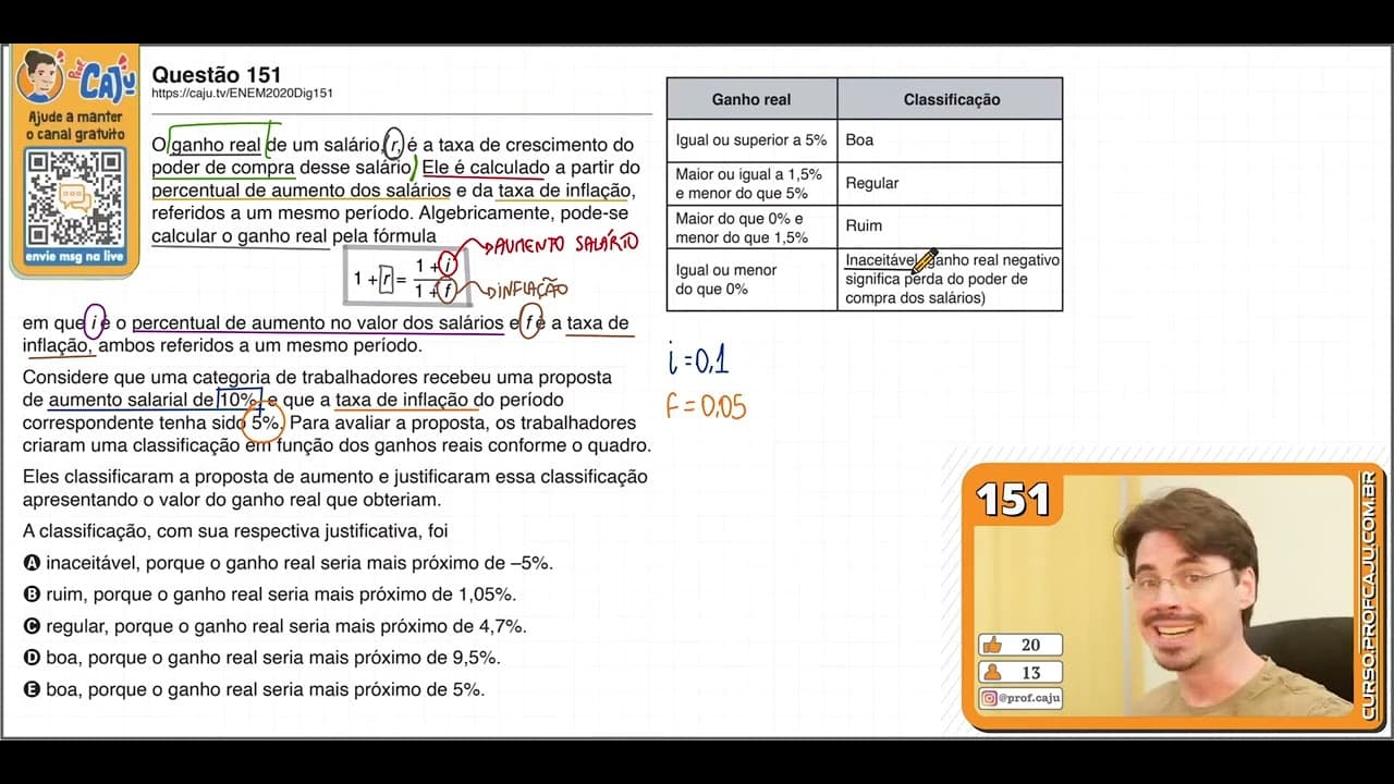 Thumbnail: [ENEM 2020 DIG] 151 📘 ÁLGEBRA O ganho real de um salário, r, é a taxa de crescimento do poder de