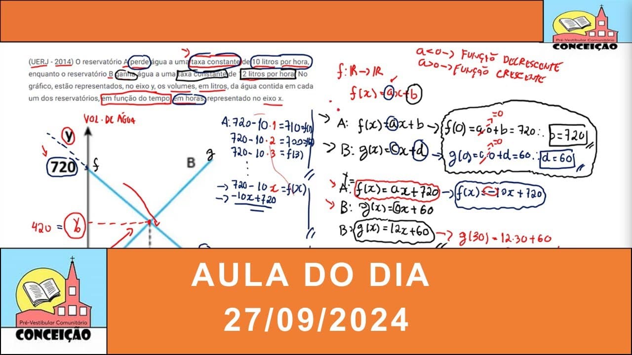 Thumbnail: Aula 15: Resolução de Exercício (Função Afim) : (UERJ - 2014) O reservatório A perde água a uma...