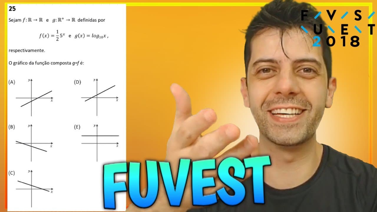 Thumbnail: FUVEST 2018 - Q25 Mat - Sejam f: R em R e g: R em R, definidas por: f(x)=(1/2)*5^x