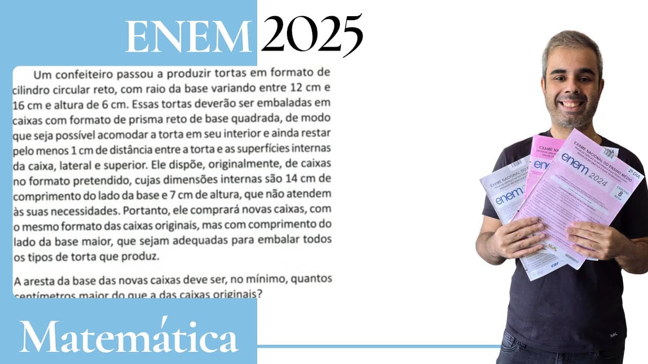 Thumbnail: ENEM 2025 - Um confeiteiro passou a produzir tortas em formato de cilindro circular reto com raio da
