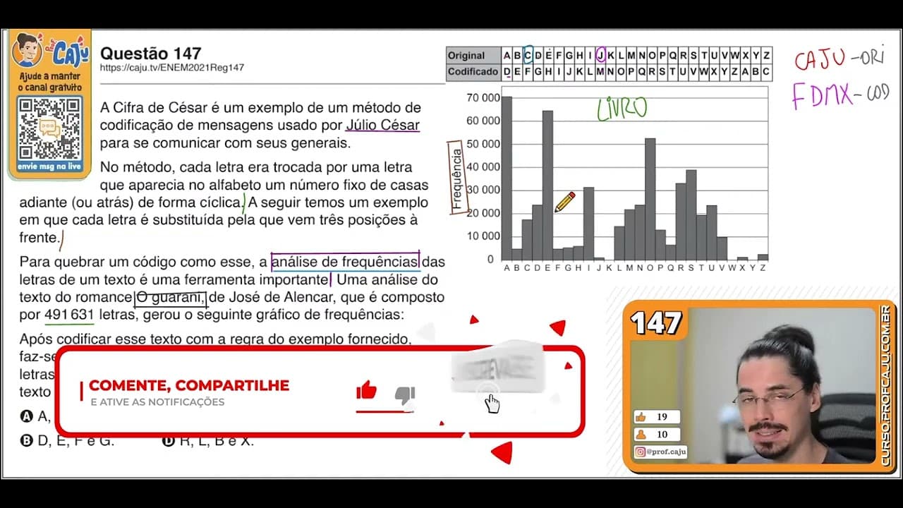 Thumbnail: [ENEM 2021] 147 📘 INTERPRETAÇÃO DE GRÁFICOS A Cifra de César é um exemplo de um método de