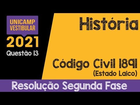 Thumbnail da aula: Unicamp 2021 Q13 Código Civil Republicano de 1891 - Estado Laico (Resolução História Segunda Fase)
