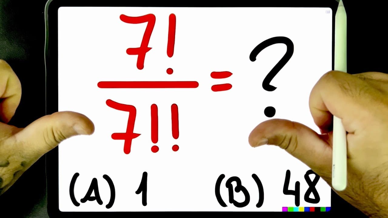 Thumbnail: 🔥 7!/7!! = ??? Já ouviu falar em DUPLO FATORIAL? 😱 Divisão de FATORIAL por DUPLO FATORIAL! Sabe?