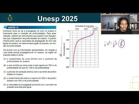 Thumbnail da aula: (Unesp 2025 - Física - Questão 81) Conhecer como se dá a propagação do som no oceano é importante