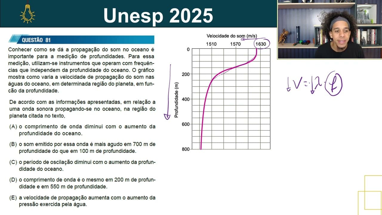 Thumbnail: (Unesp 2025 - Física - Questão 81) Conhecer como se dá a propagação do som no oceano é importante
