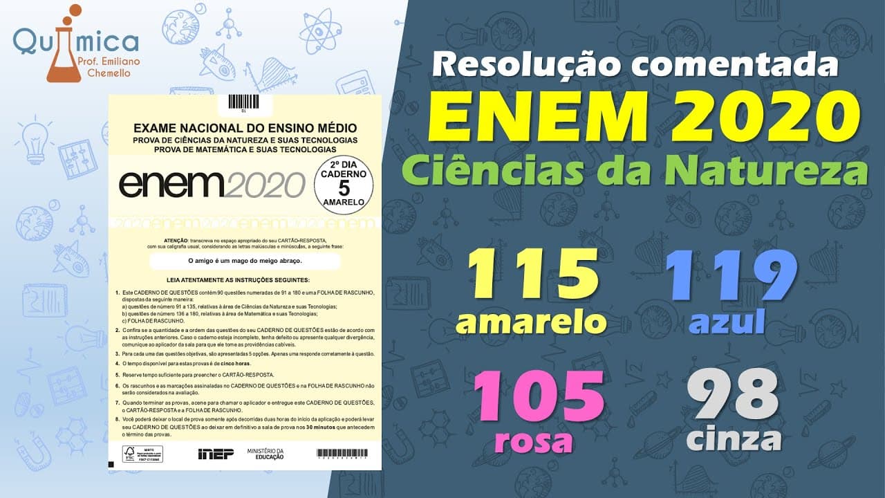 Thumbnail: Resolução ENEM 2020 Ciências da Natureza amarela 115  azul 119  rosa 105  cinza 098