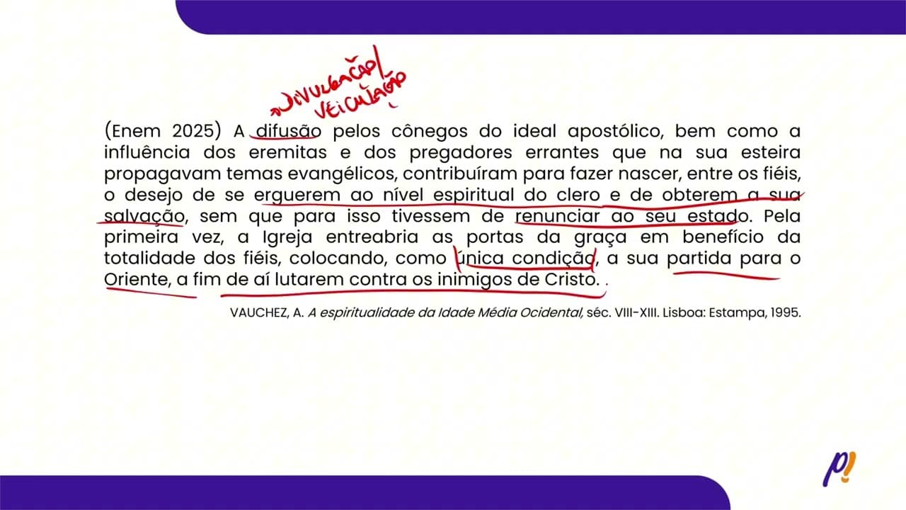 Thumbnail: ENEM 2025 | A difusão pelos cônegos do ideal apostólico, bem como a influência dos eremitas...