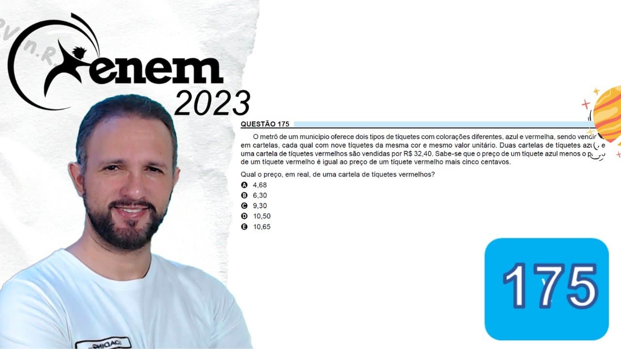 Thumbnail: RESOLUÇÃO DO ENEM 2023 | MATEMÁTICA | CADERNO AZUL - Questão 175