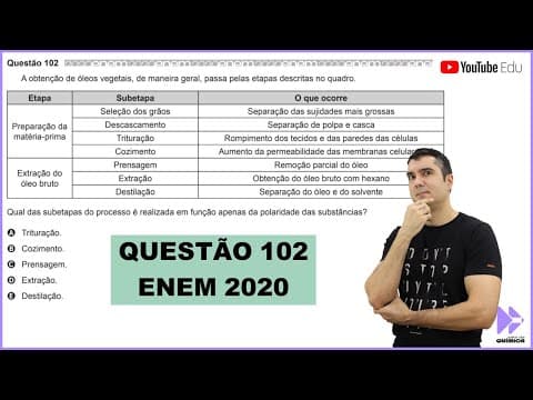 Thumbnail da aula: QUÍMICA ENEM 2020! "A obtenção de óleos vegetais, de maneira geral, passa pelas etapas descritas..."