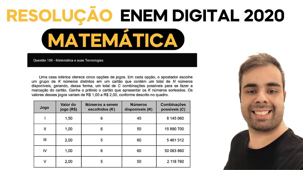 Thumbnail: ENEM DIGITAL 2020 - Uma casa lotérica oferece cinco opções de jogos. Em cada opção o apostador
