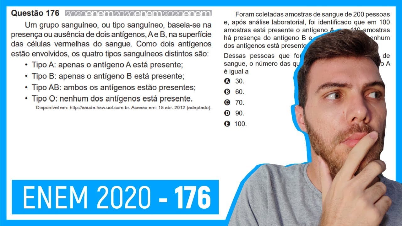 Thumbnail: 🛑Questão 176 Enem 2020 - Resolução Passo a Passo - Um grupo sanguíneo, ou tipo sanguíneo ...