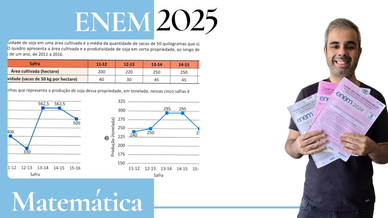 Thumbnail: ENEM 2025 - A produtividade de soja em uma área cultivada é a média da quantidade de sacas de 50