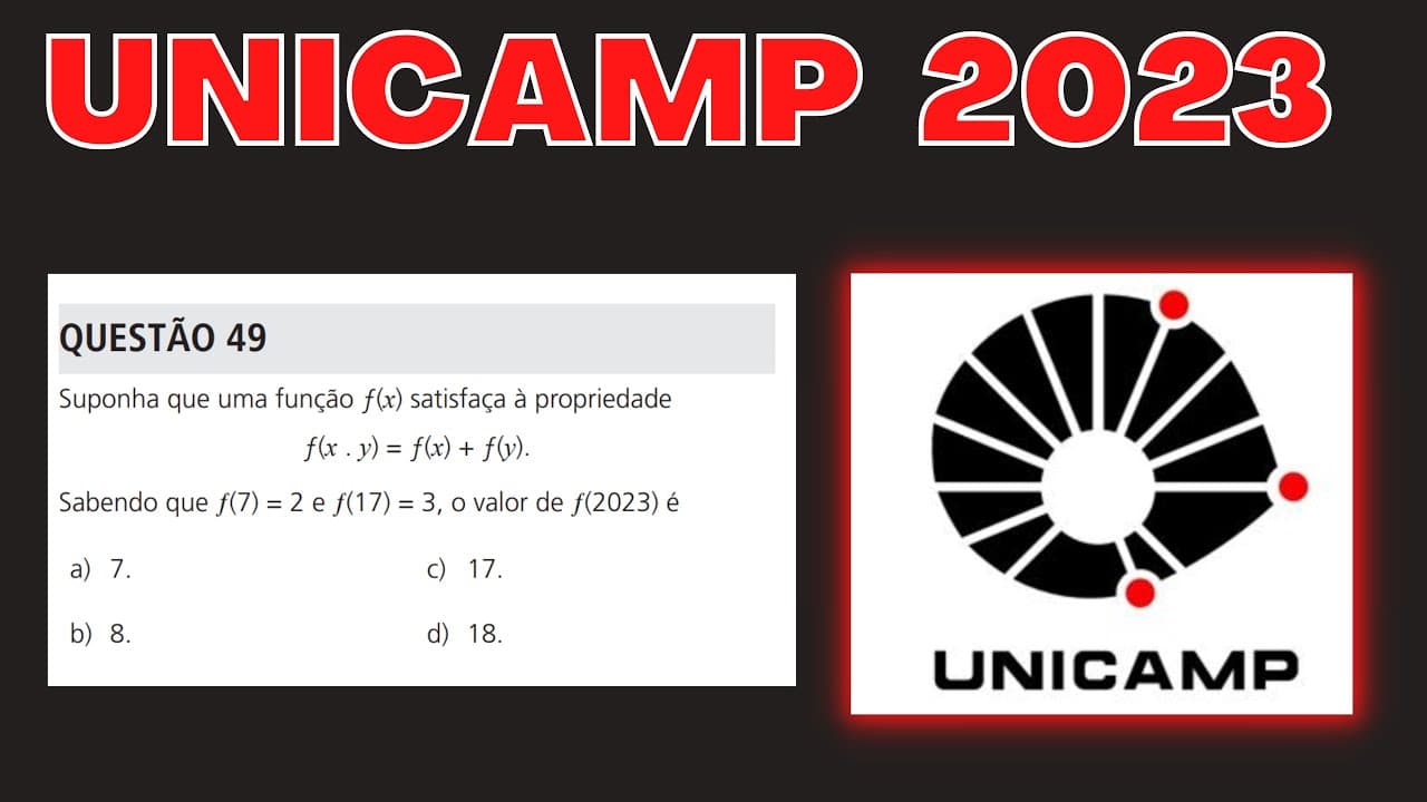 Thumbnail: UNICAMP 2023 | RESOLUÇÃO MATEMÁTICA | Suponha que a função f(x) satisfaça à propriedade f(x.y)