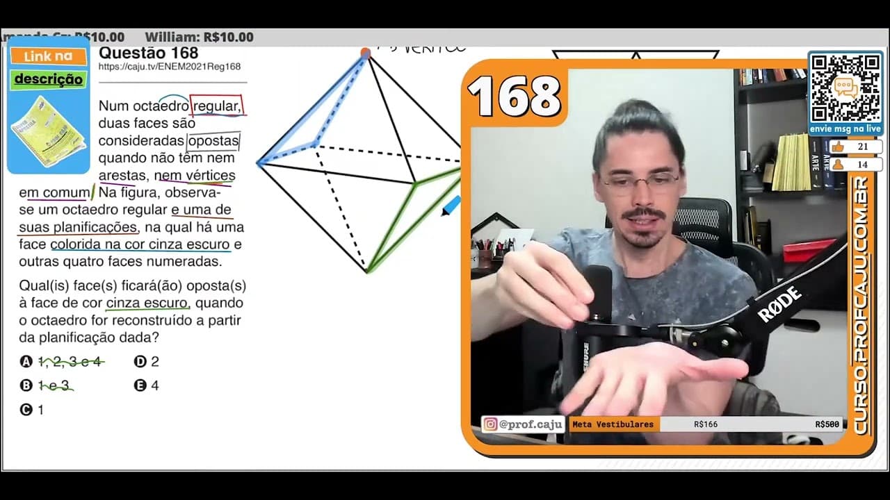 Thumbnail: [ENEM 2021] 168 📘 GEOMETRIA ESPACIAL Num octaedro regular, duas faces são consideradas opostas