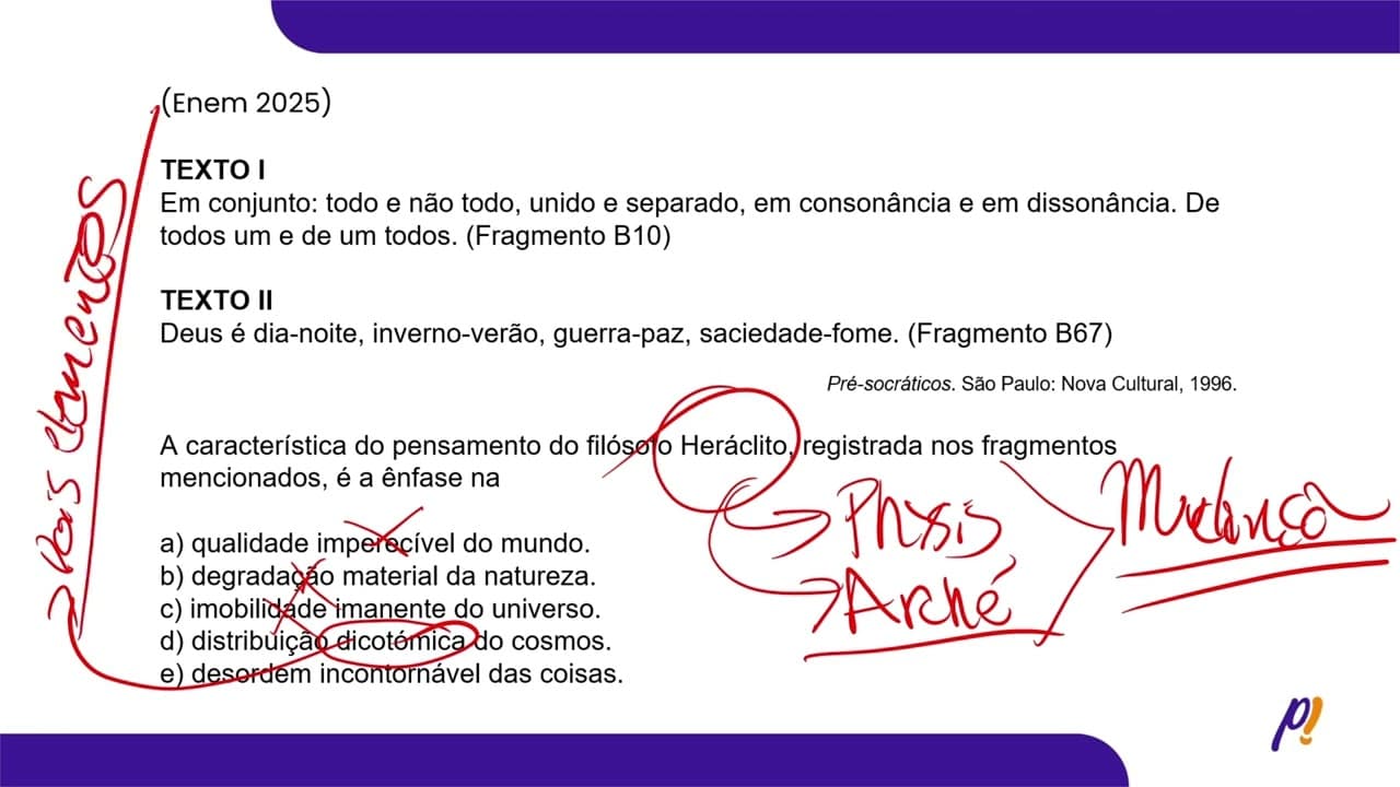 Thumbnail: ENEM 2025 | A característica do pensamento do filósofo Heráclito, registrada nos...
