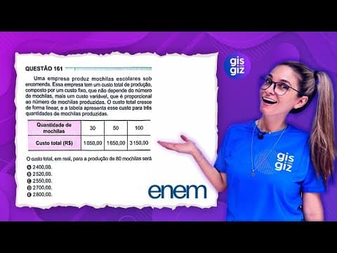 Thumbnail da aula: ENEM - PROPORÇÃO, FUNÇÃO DO 1º GRAU E SISTEMA DE EQUAÇÕES - QUESTÃO 161 PROVA VERDE 2024 MATEMÁTICA