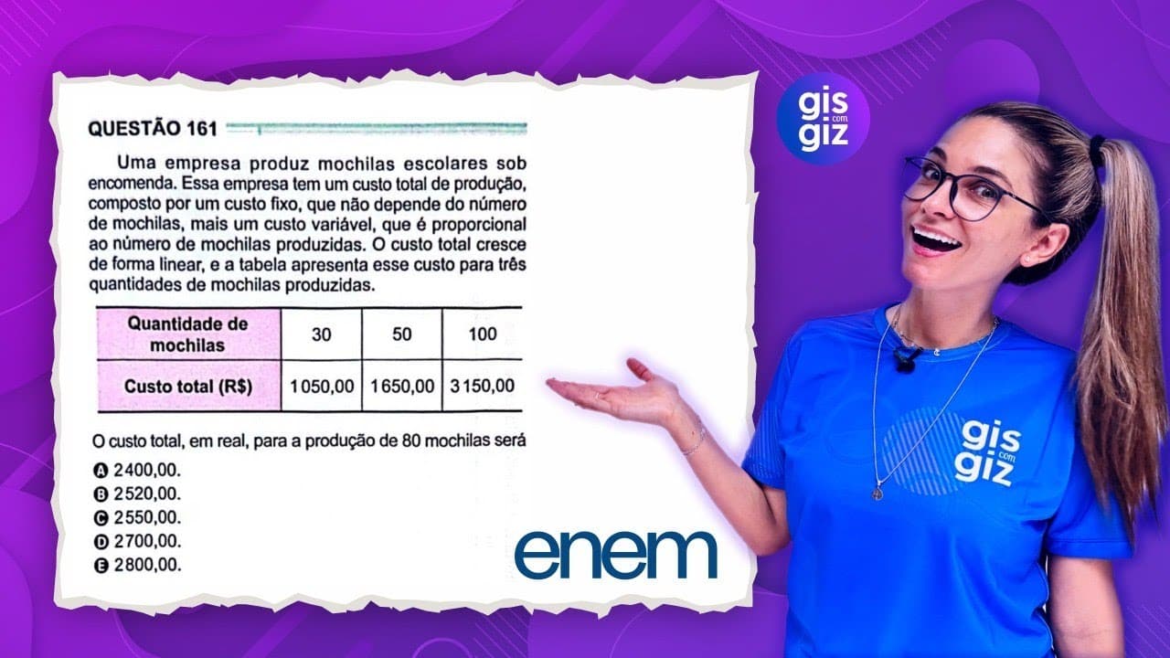 Thumbnail: ENEM - PROPORÇÃO, FUNÇÃO DO 1º GRAU E SISTEMA DE EQUAÇÕES - QUESTÃO 161 PROVA VERDE 2024 MATEMÁTICA