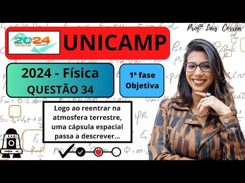 Thumbnail da aula: 🔵 FÍSICA / UNICAMP 2024 / 1ª FASE / QUESTÃO 34 / Logo ao reentrar na atmosfera terrestre, uma ...