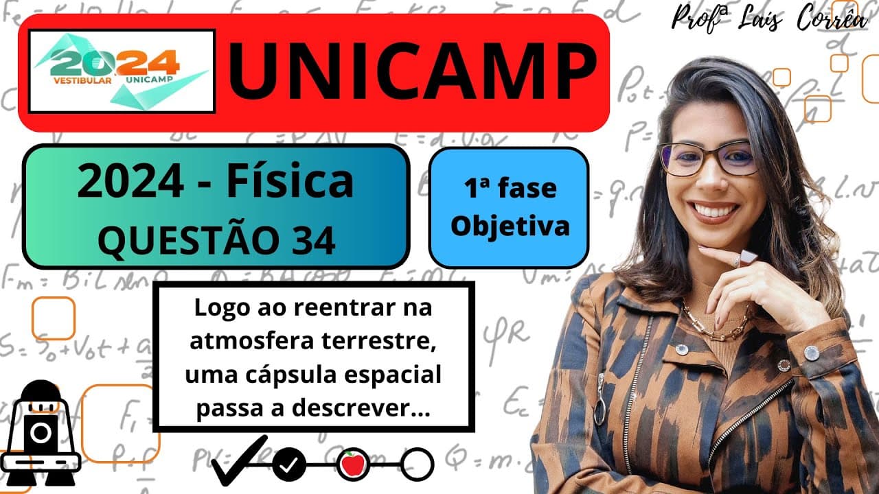 Thumbnail: 🔵 FÍSICA / UNICAMP 2024 / 1ª FASE / QUESTÃO 34 / Logo ao reentrar na atmosfera terrestre, uma ...