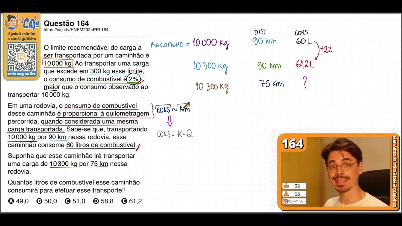 Thumbnail: [ENEM 2024 PPL] 164 📘 RAZÃO E PROPORÇÃO O limite recomendável de carga a ser transportada por um