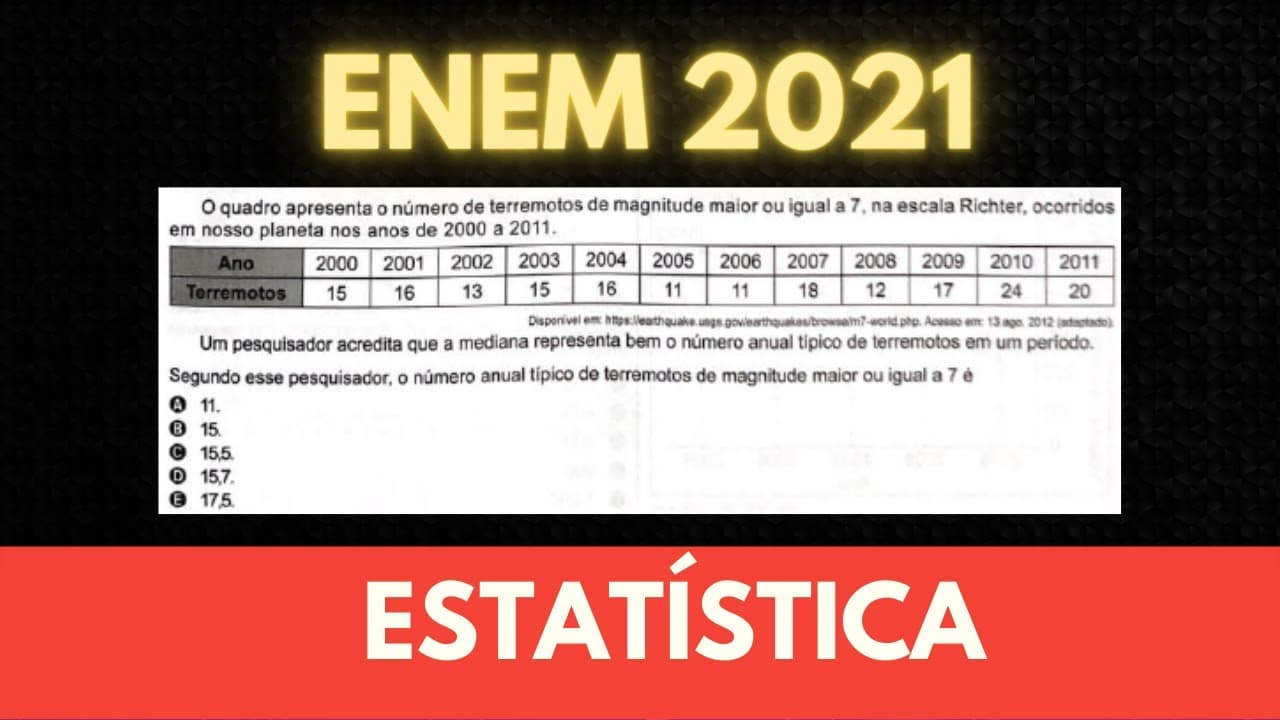 Thumbnail: ENEM 2021 - Matemática - Questão - O quadro apresenta o número de terremotos de magnitude - Mediana