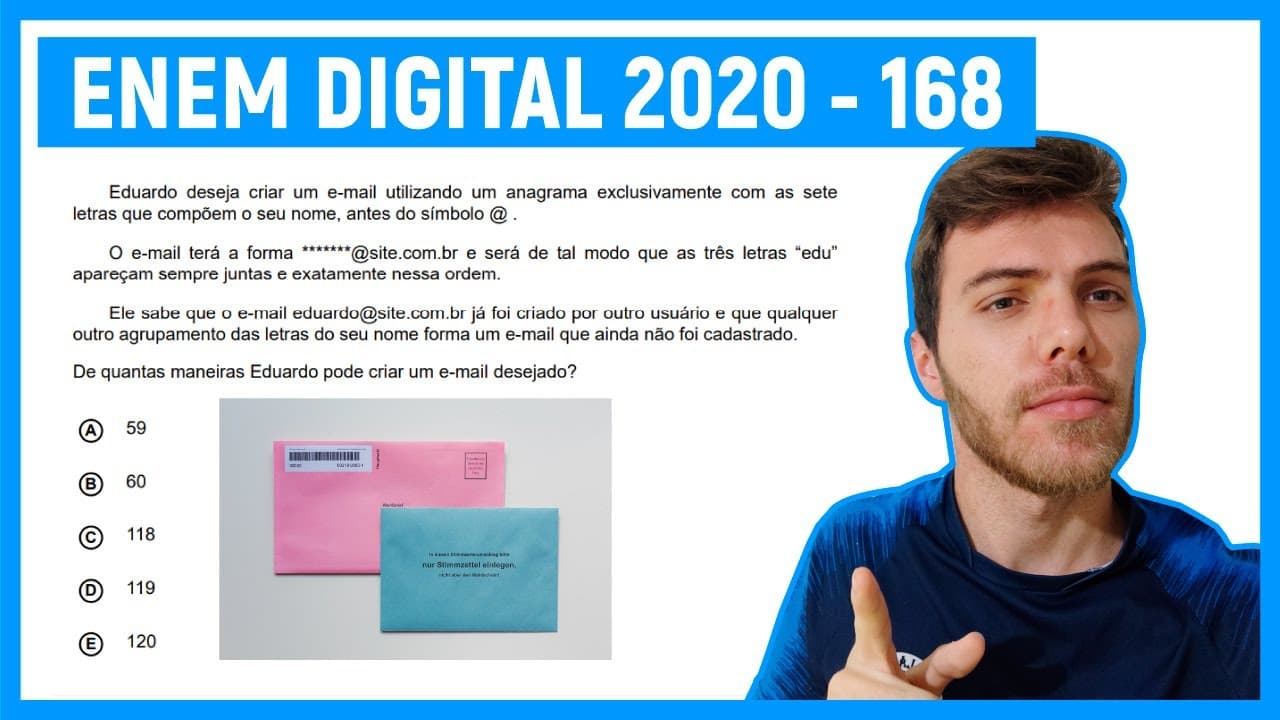 Thumbnail: 🛑Questão 168 Enem DIGITAL 2020 - ANÁLISE COMBINATÓRIA - Eduardo deseja criar um e-mail util...