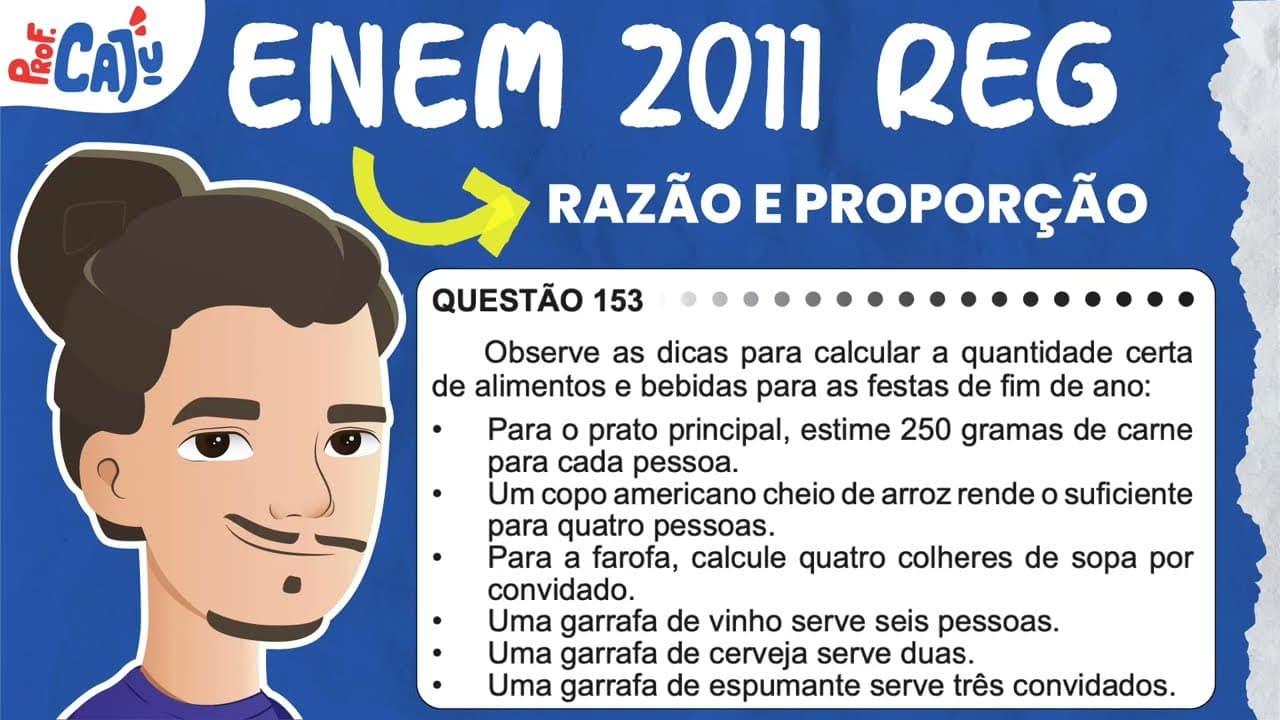 Thumbnail: [ENEM 2011] 153 📘 RAZÃO E PROPORÇÃO Observe as dicas para calcular a quantidade certa de alimentos e