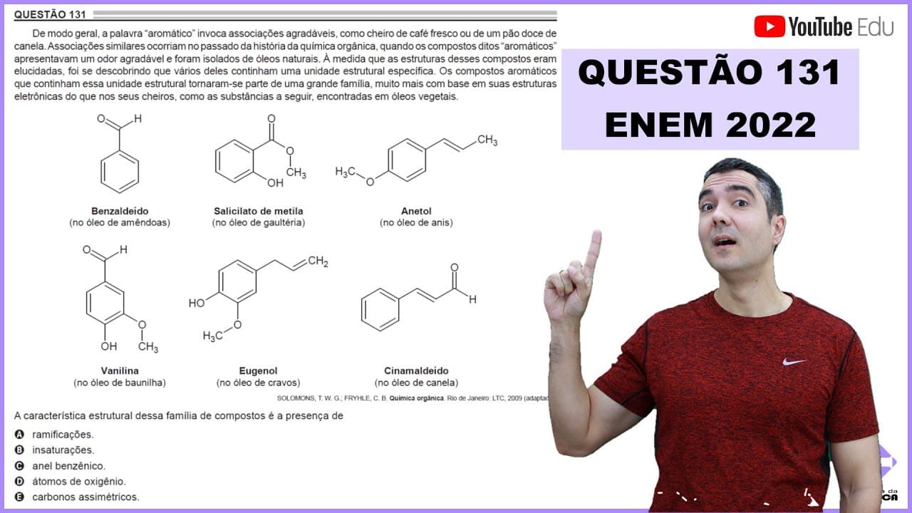 Thumbnail: QUÍMICA ENEM 2022! "De modo geral, a palavra “aromático” invoca associações agradáveis ..."
