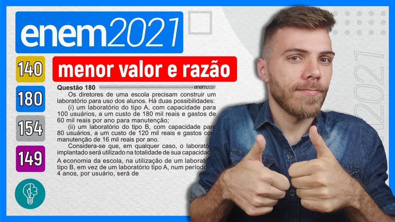 Thumbnail: 🛑180 Enem 2021 - MENOR VALOR E RAZÃO - Os diretores de uma escola precisam construir um laboratório