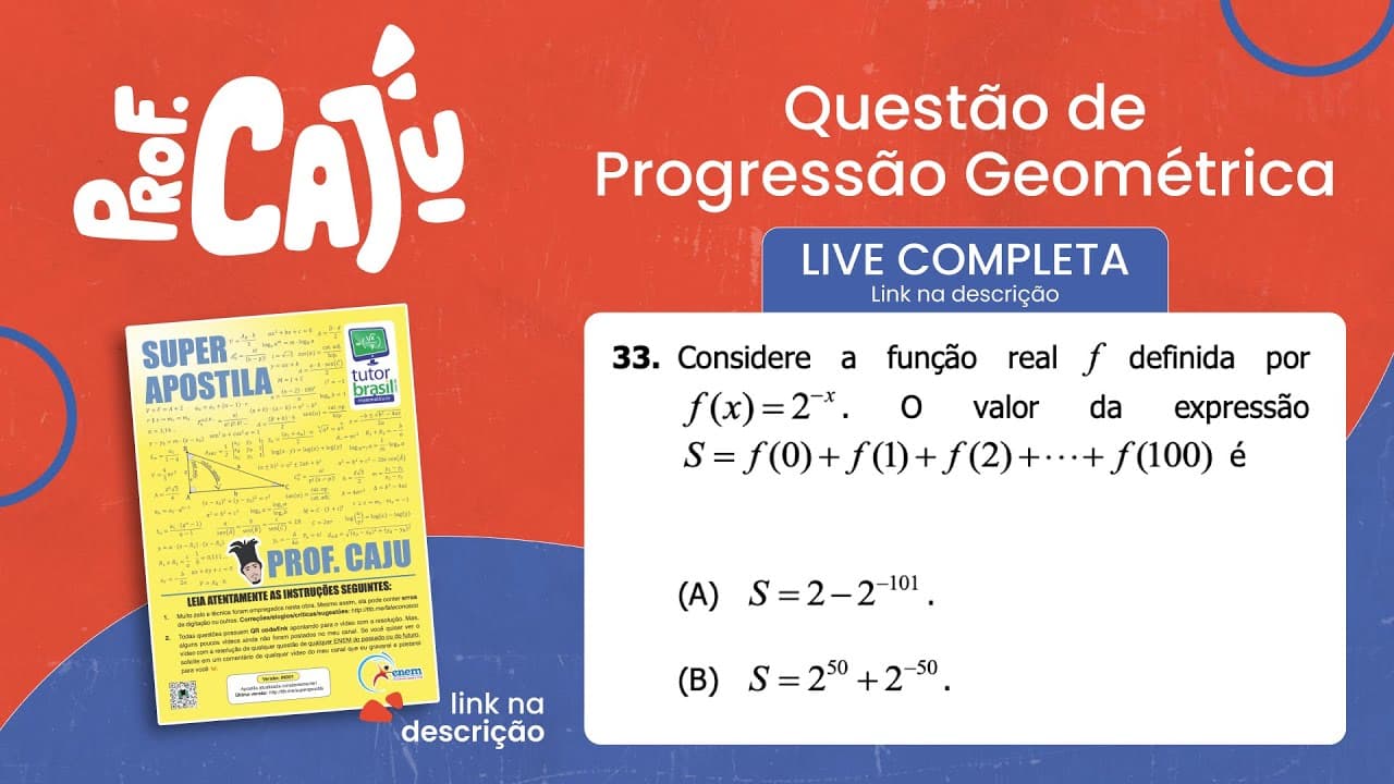 Thumbnail: [UFRGS 2018] 33 📘 PROGRESSÃO GEOMÉTRICA Considere a função real f definida por f(x)=2⁻x