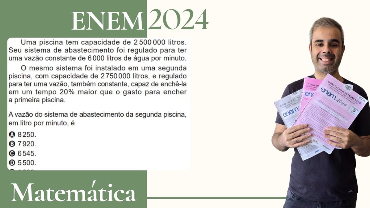 Thumbnail: ENEM 2024 - Uma piscina tem capacidade de 2500000 litros. Seu sistema de abastecimento foi regulado