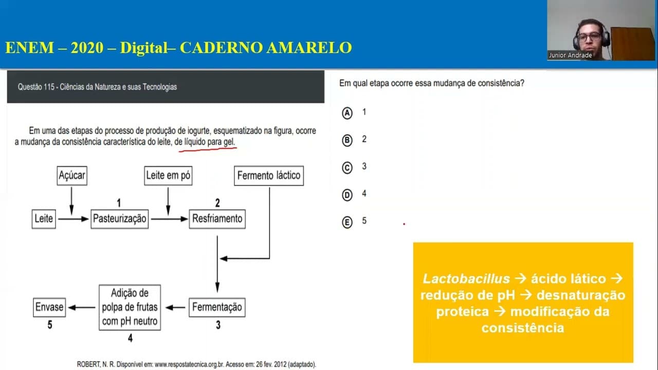 Thumbnail: ENEM - 2020 Digital - Em uma das etapas do processo de produção de iogurte, esquematizado na figura