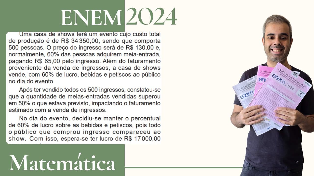 Thumbnail: ENEM 2024 - Uma casa de shows terá um evento cujo custo total de produção é de R$34350 sendo que
