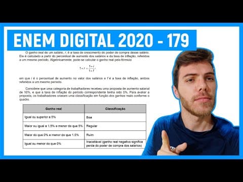 Thumbnail da aula: 🛑 EQUAÇÕES - Questão 179 Enem DIGITAL 2020 -  O ganho real de um salário, r, é a taxa de cresci