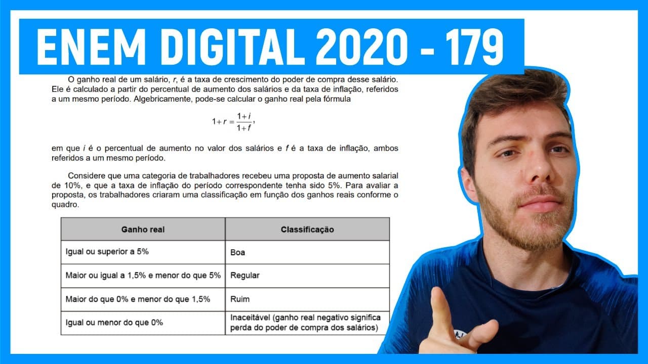 Thumbnail: 🛑 EQUAÇÕES - Questão 179 Enem DIGITAL 2020 -  O ganho real de um salário, r, é a taxa de cresci
