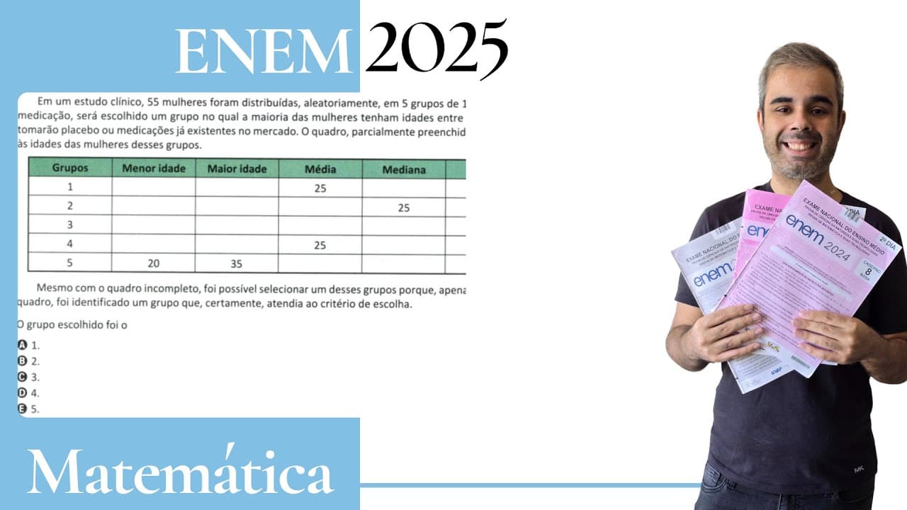 Thumbnail: ENEM 2025 - Em um estudo clínico, 55 mulheres foram distribuídas aleatoriamente em 5 grupos de 11