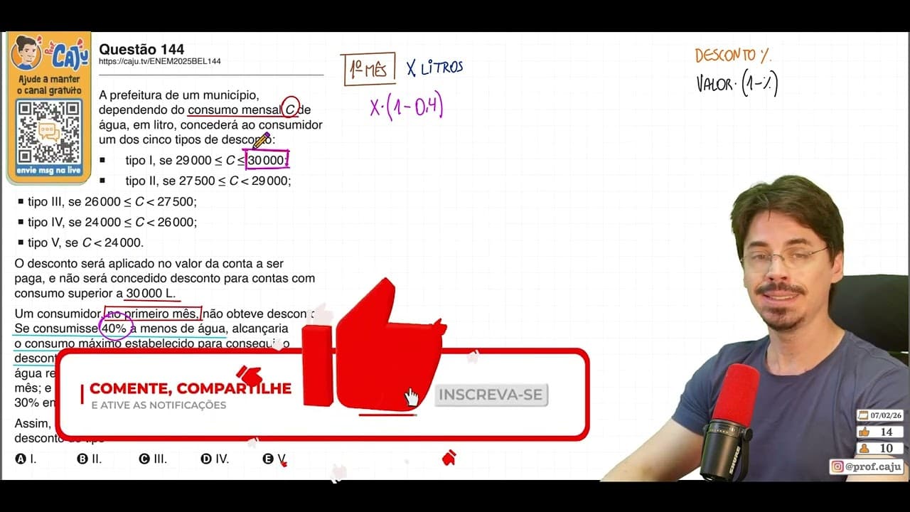 Thumbnail: [ENEM 2025 Belém] 144 📘 PORCENTAGEM A prefeitura de um município, dependendo do consumo mensal C de