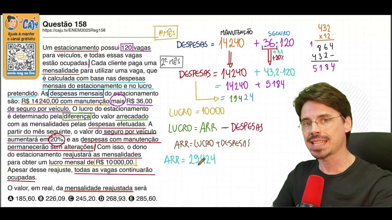 Thumbnail: [ENEM 2025] 158 📘 MATEMÁTICA FINANCEIRA Um estacionamento possui 120 vagas para veículos, e todas